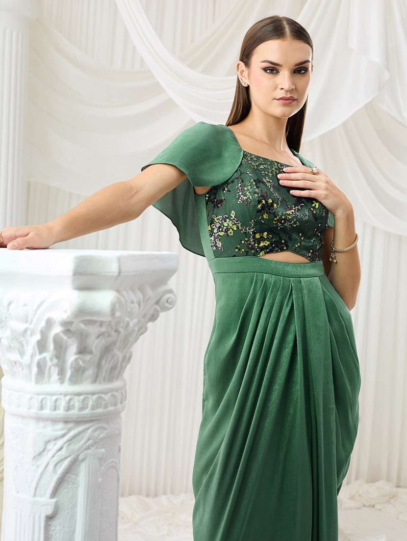 Women Embroidered Cape Sleeves Asymmetric Dress - 22577116 -  Standard Image - 4