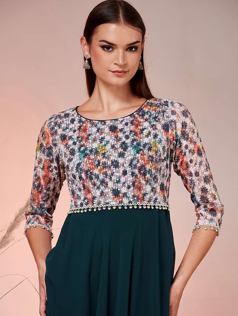 women printed three quarter sleeves fit and flare gown - 22577126 -  Standard Image - 1