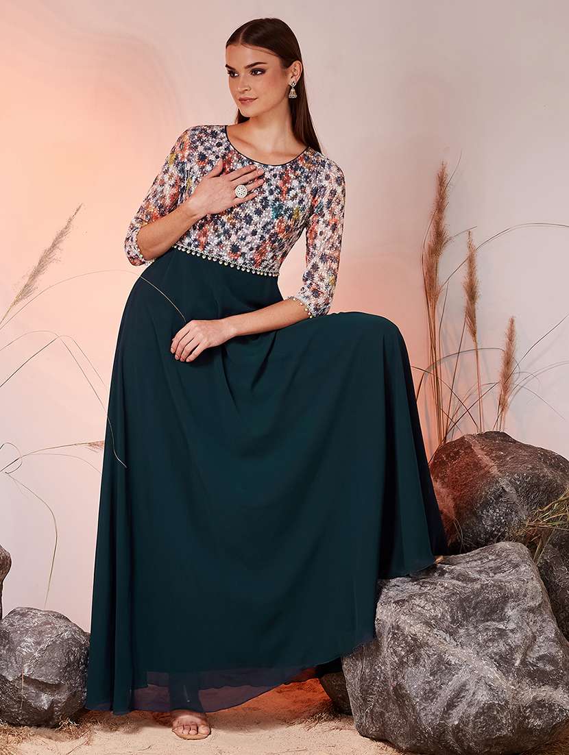 women printed three quarter sleeves fit and flare gown - 22577126 -  Standard Image - 4
