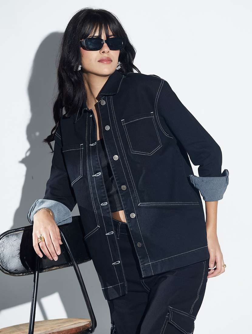women solid long sleeves denim jacket