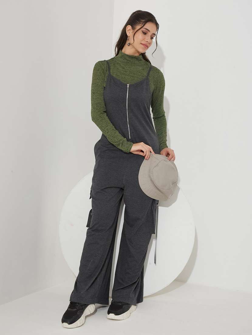 women solid long sleeves dungaree set