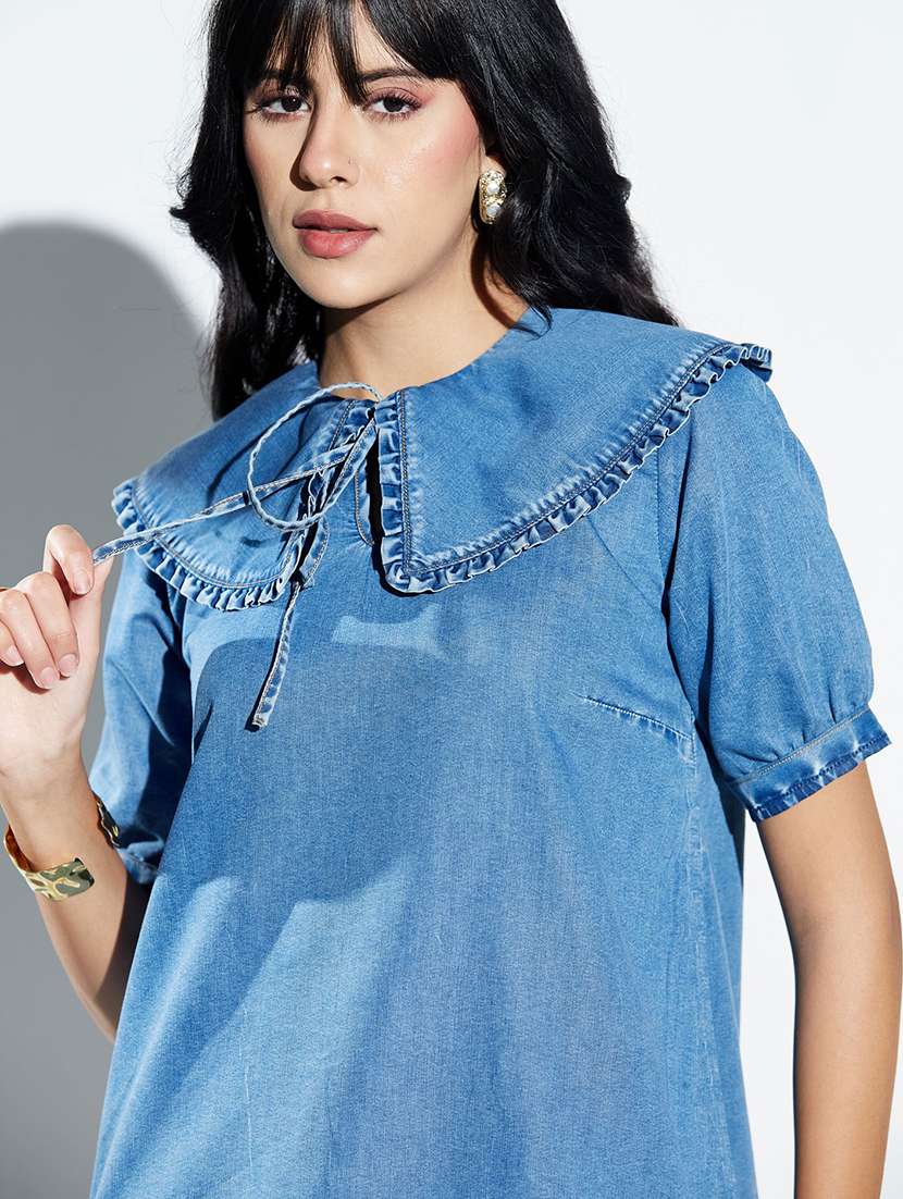 Women Solid Puff Sleeves Tiered Dress - 22577182 -  Standard Image - 1