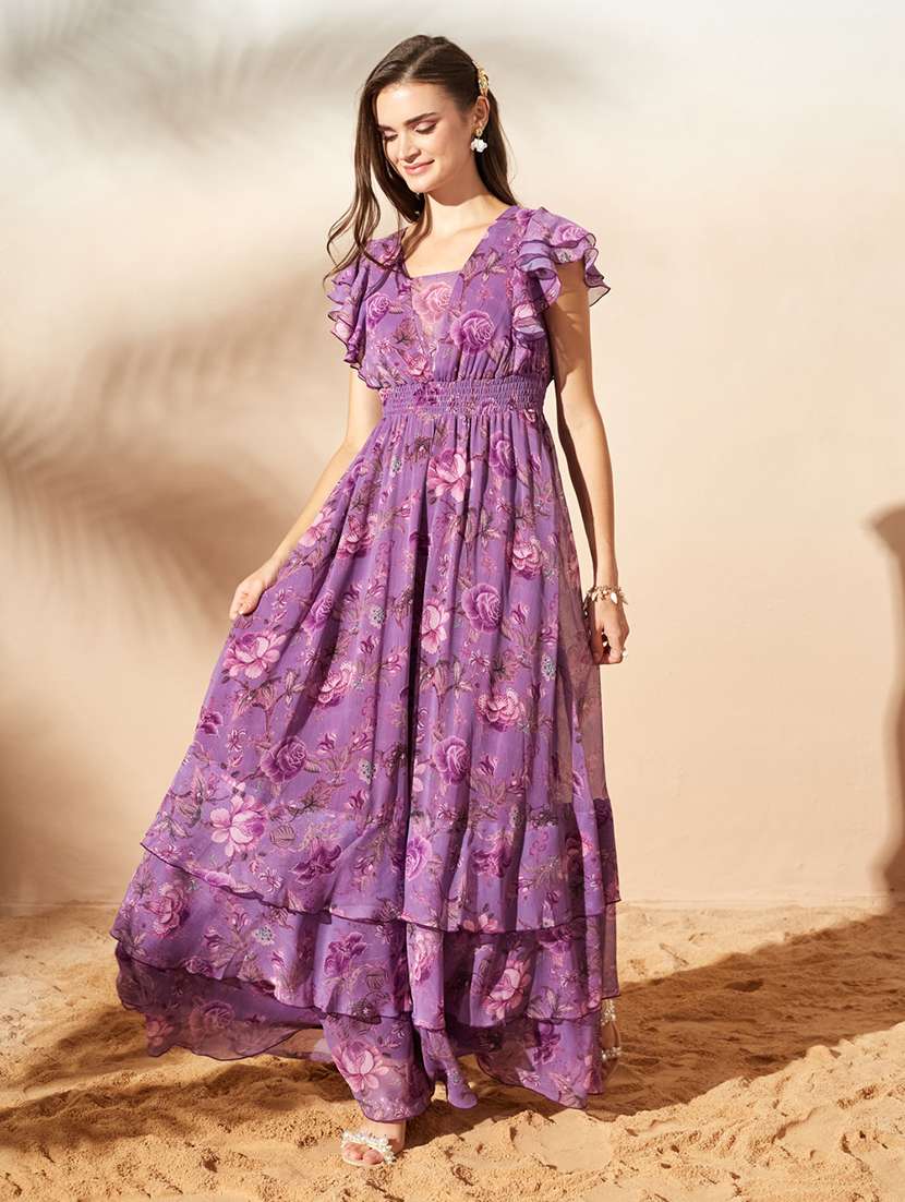 women printed flared sleeves tiered dress