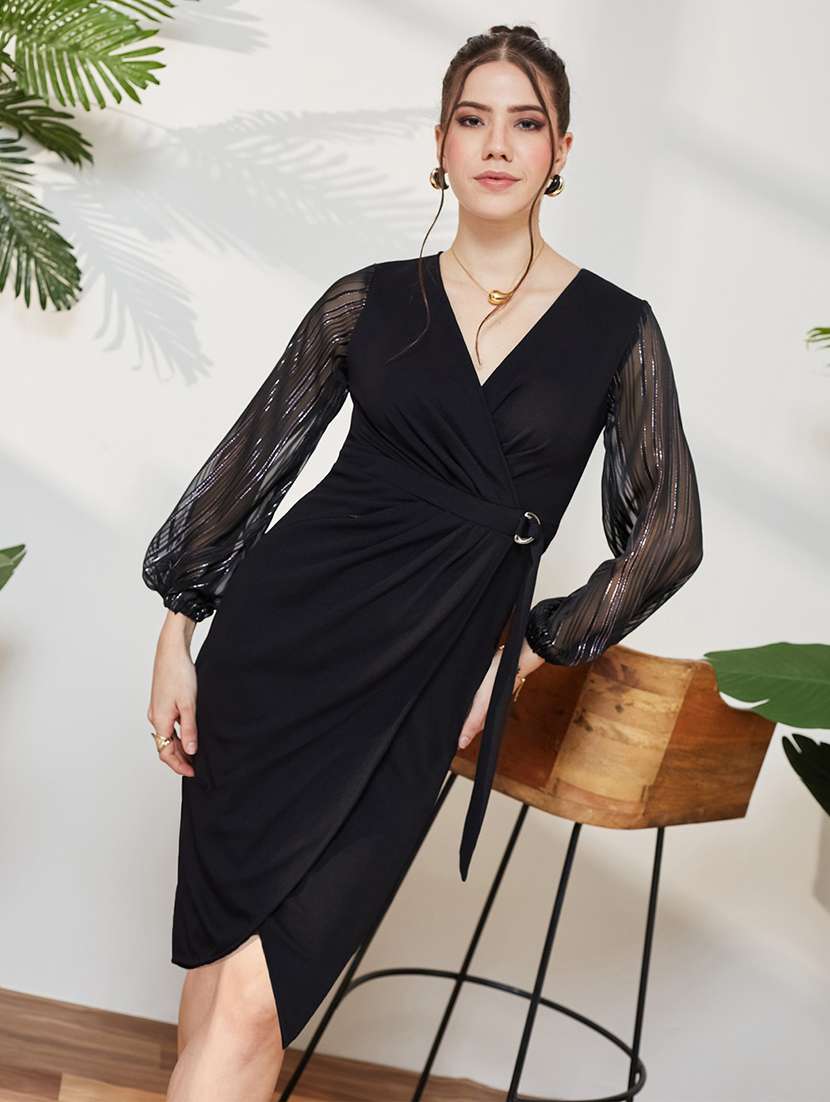 women solid bishop sleeves sheath dress