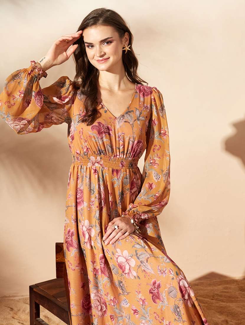 women printed bishop sleeves fit and flare dress - 22577195 -  Standard Image - 1