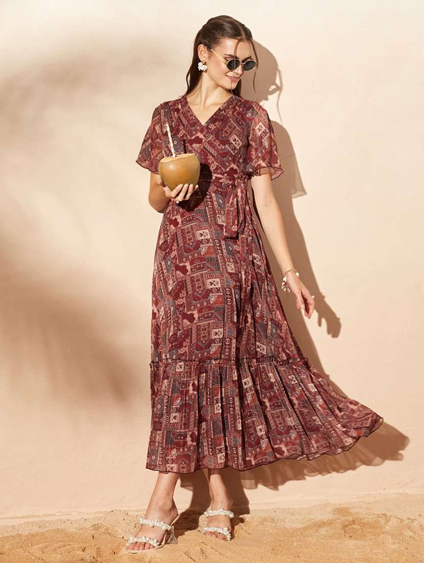 women printed flared sleeves tiered dress