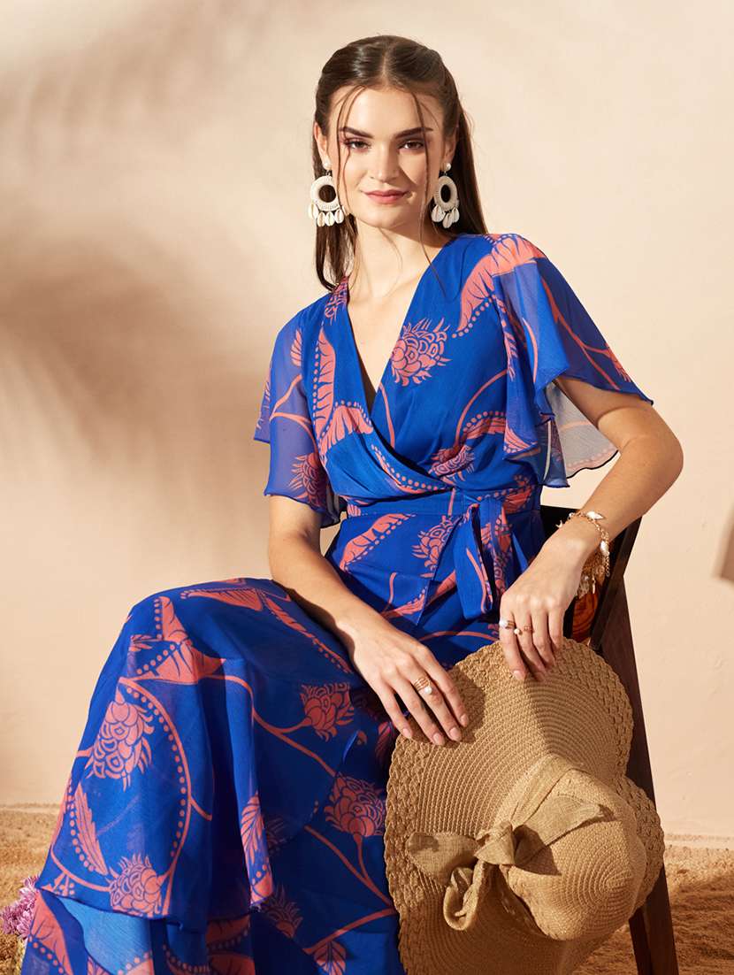 Women Printed Flared Sleeves Wrap Dress - 22577218 -  Standard Image - 1