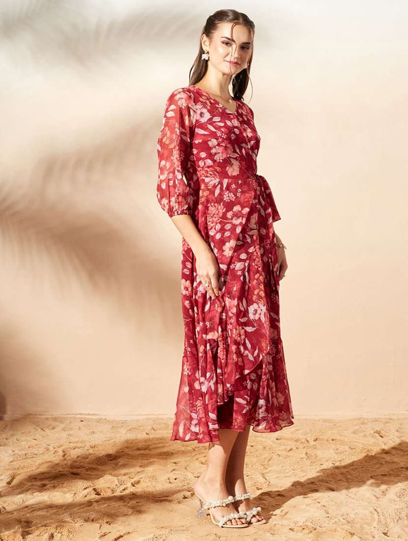 Women Printed Three Quarter Sleeves Wrap Dress - 22577227 -  Standard Image - 4