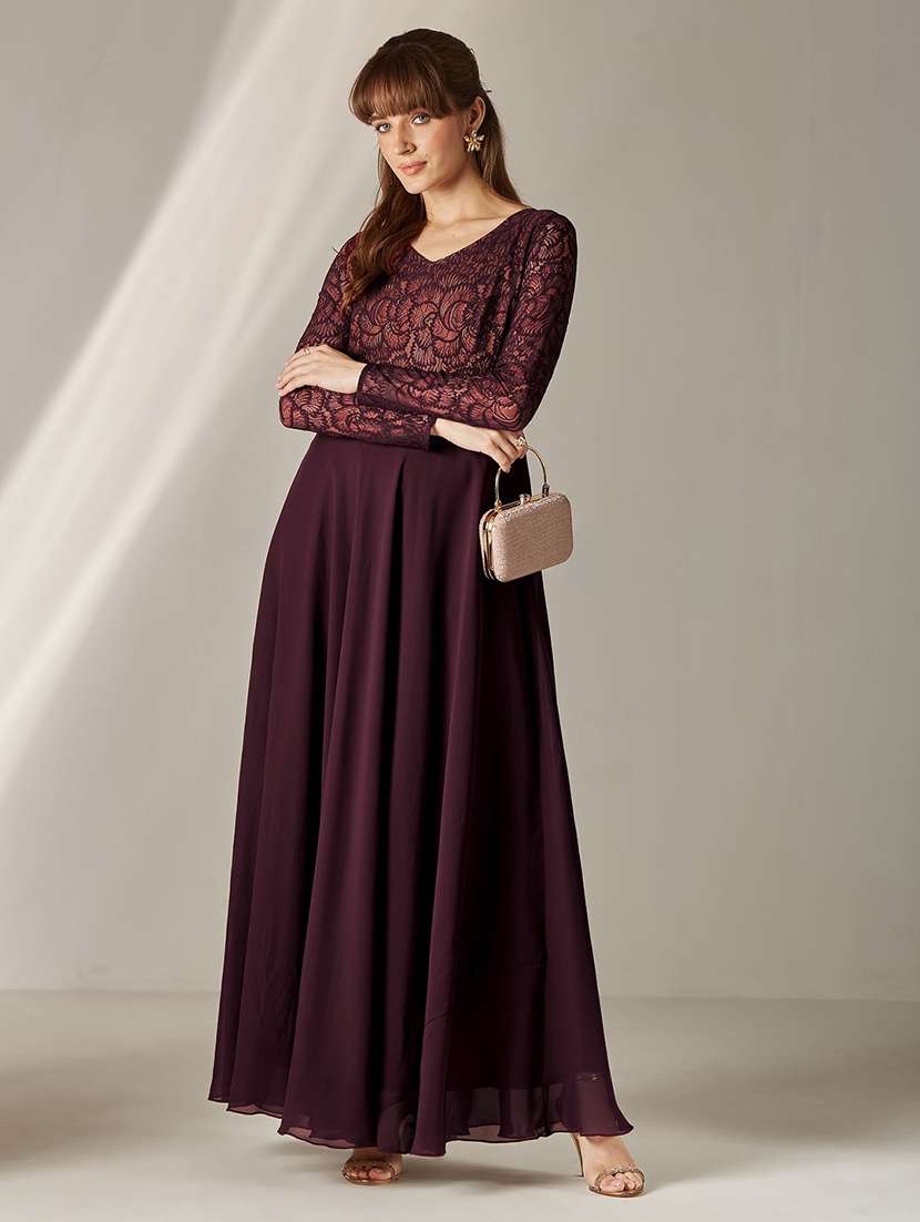 women self design long sleeves fit and flare dress