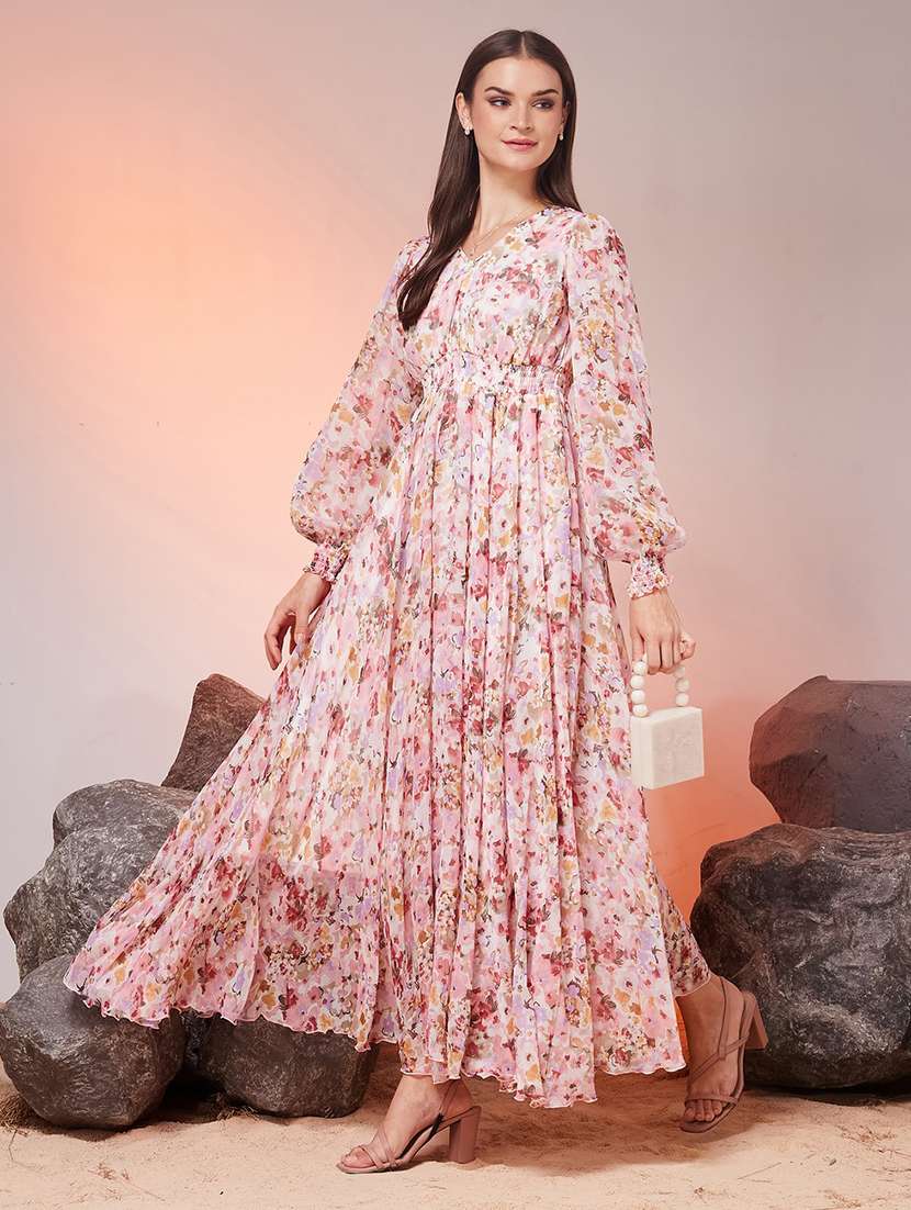 women printed long sleeves fit and flare dress