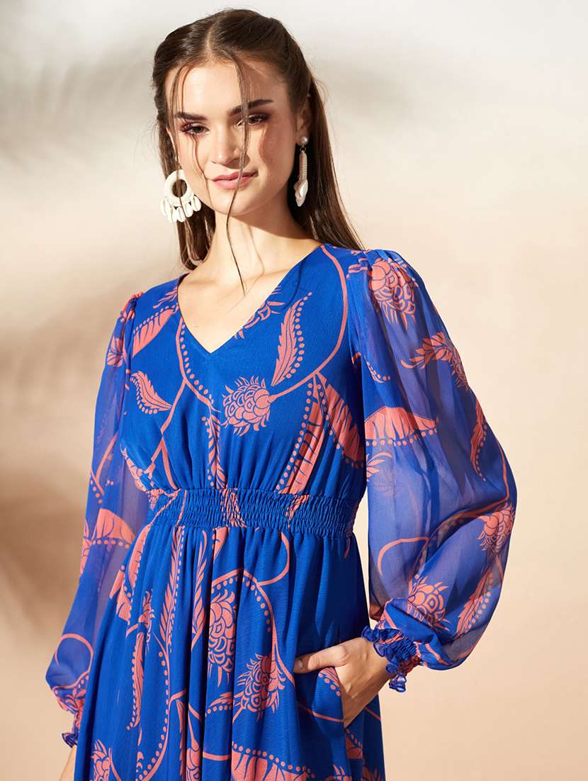 women printed long sleeves fit and flare dress - 22577240 -  Standard Image - 1