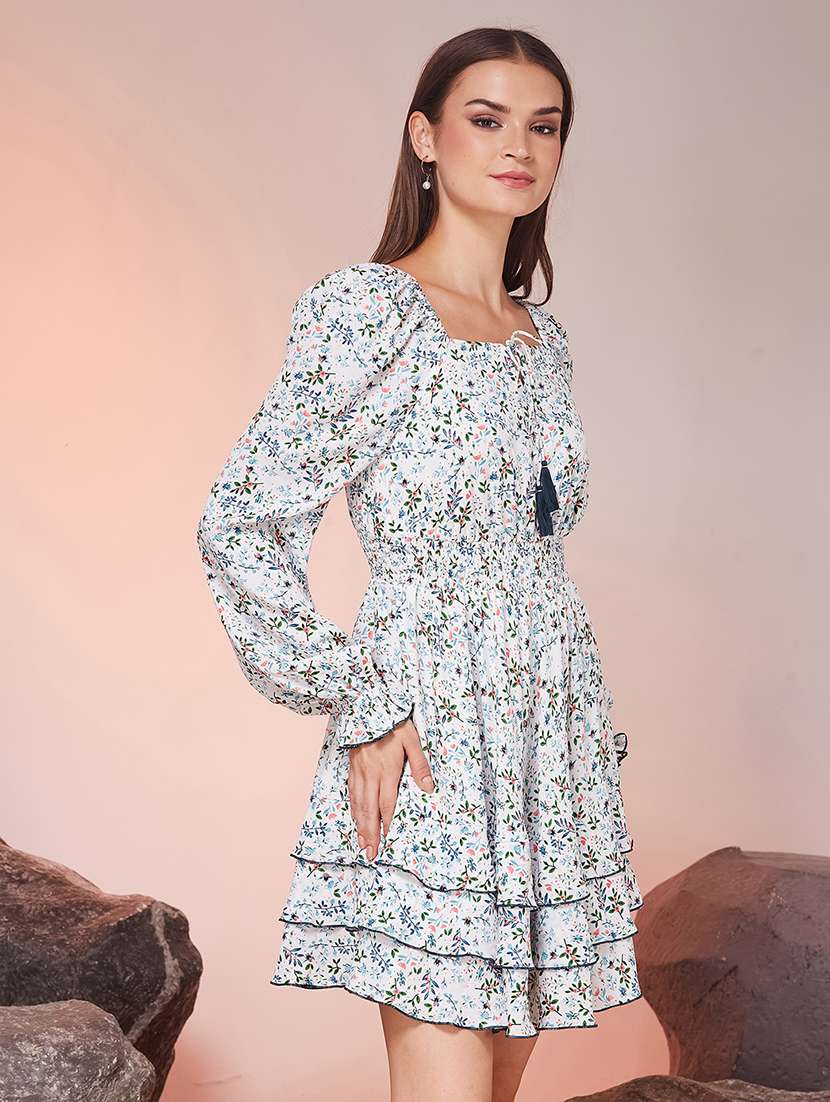 women printed long sleeves tiered dress