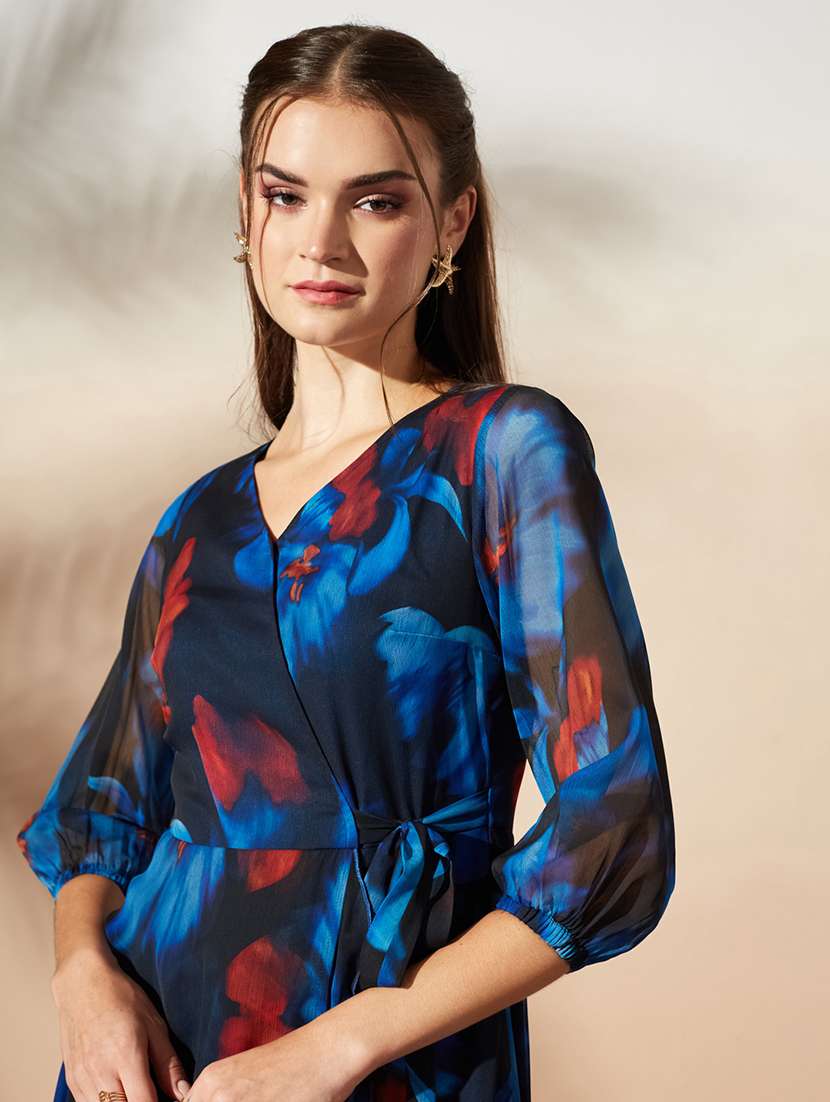 Women Printed Three Quarter Sleeves Wrap Dress - 22577255 -  Standard Image - 1