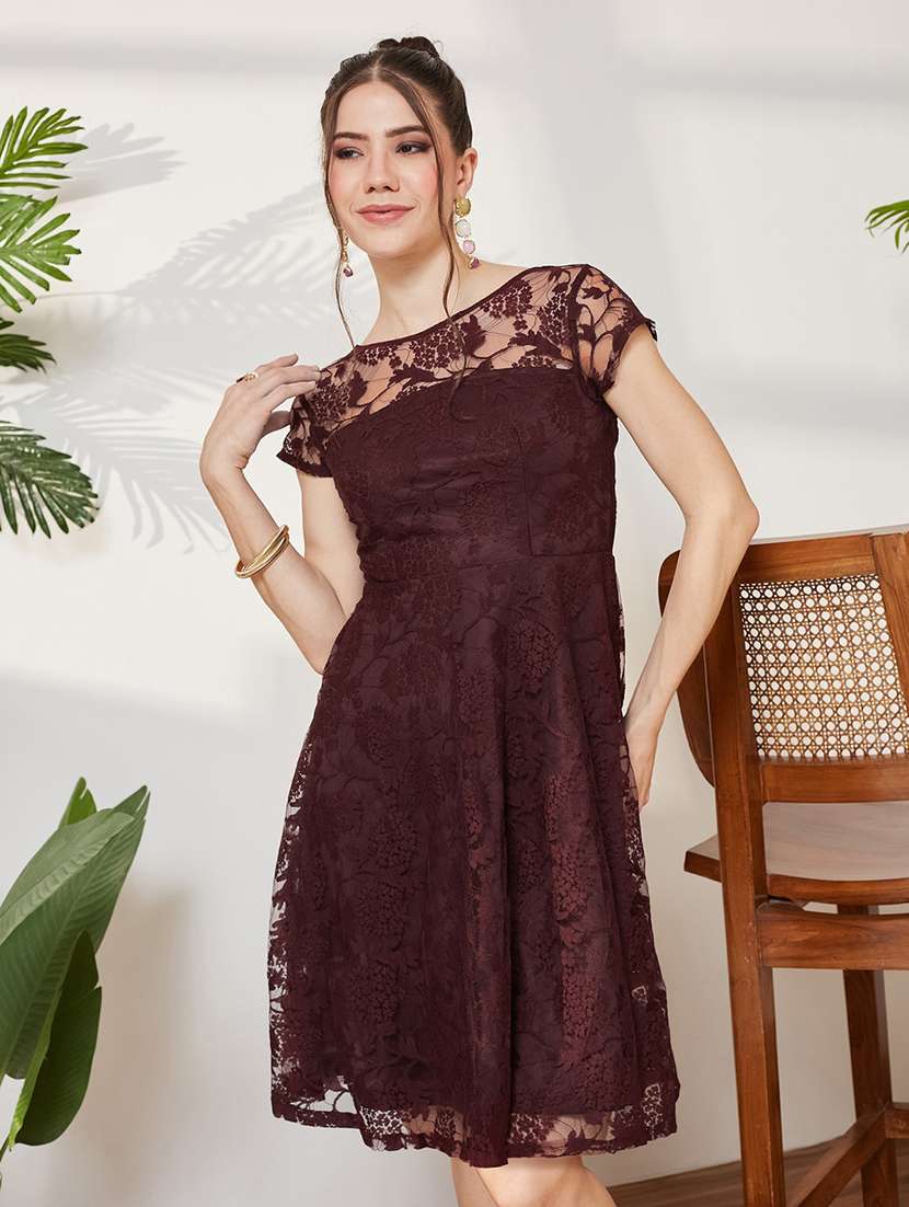 women self design short sleeves fit and flare dress