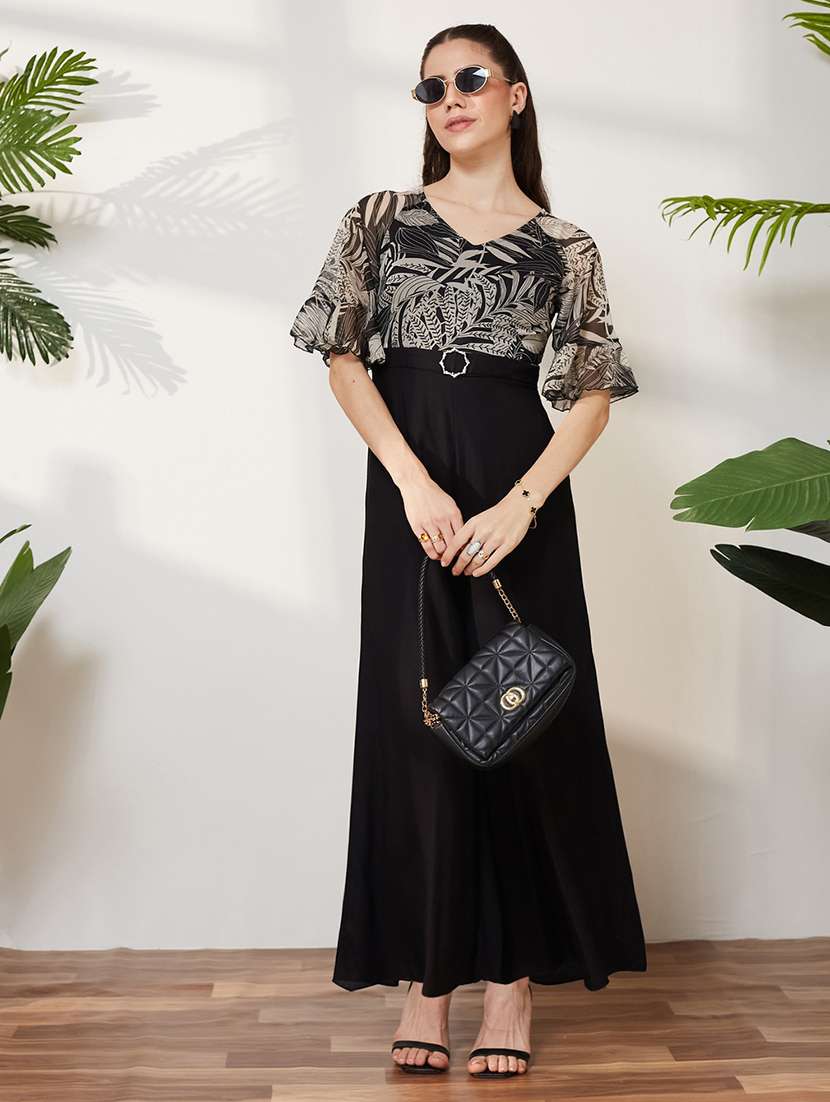 women printed bell sleeves full leg jumpsuit
