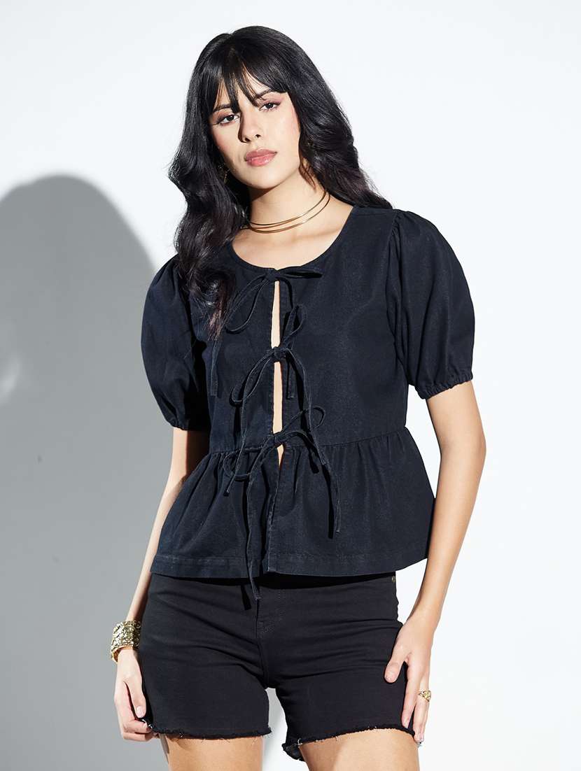 women solid puff sleeves peplum top