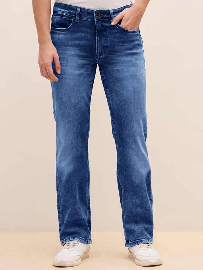 men washed mid rise straight jeans