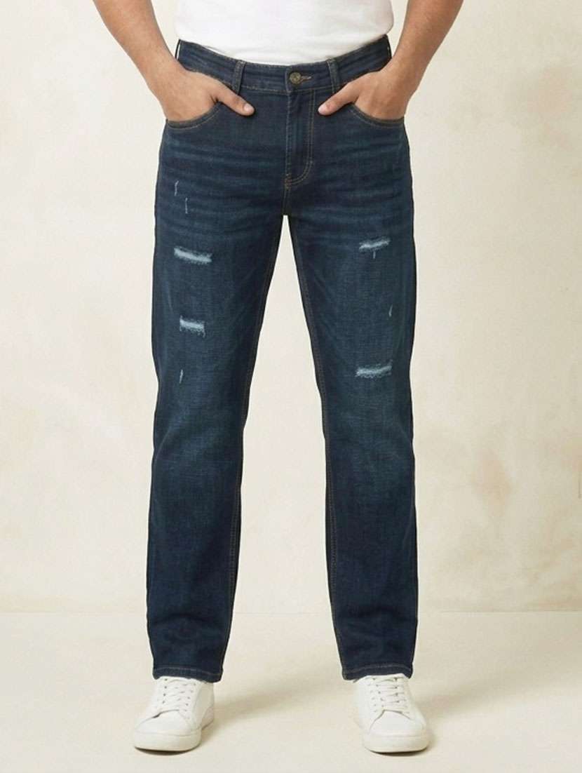 men distressed mid rise straight jeans