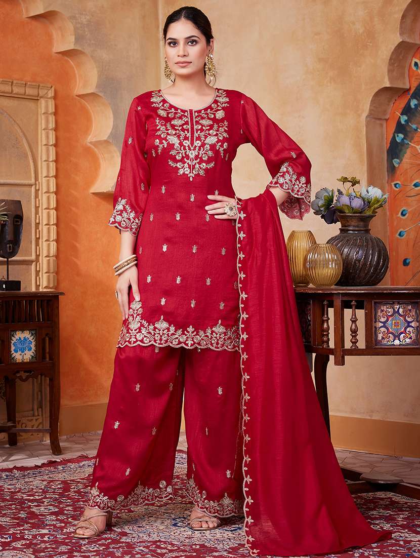 women embroidered three quarter sleeves kurta palazzo set with dupatta
