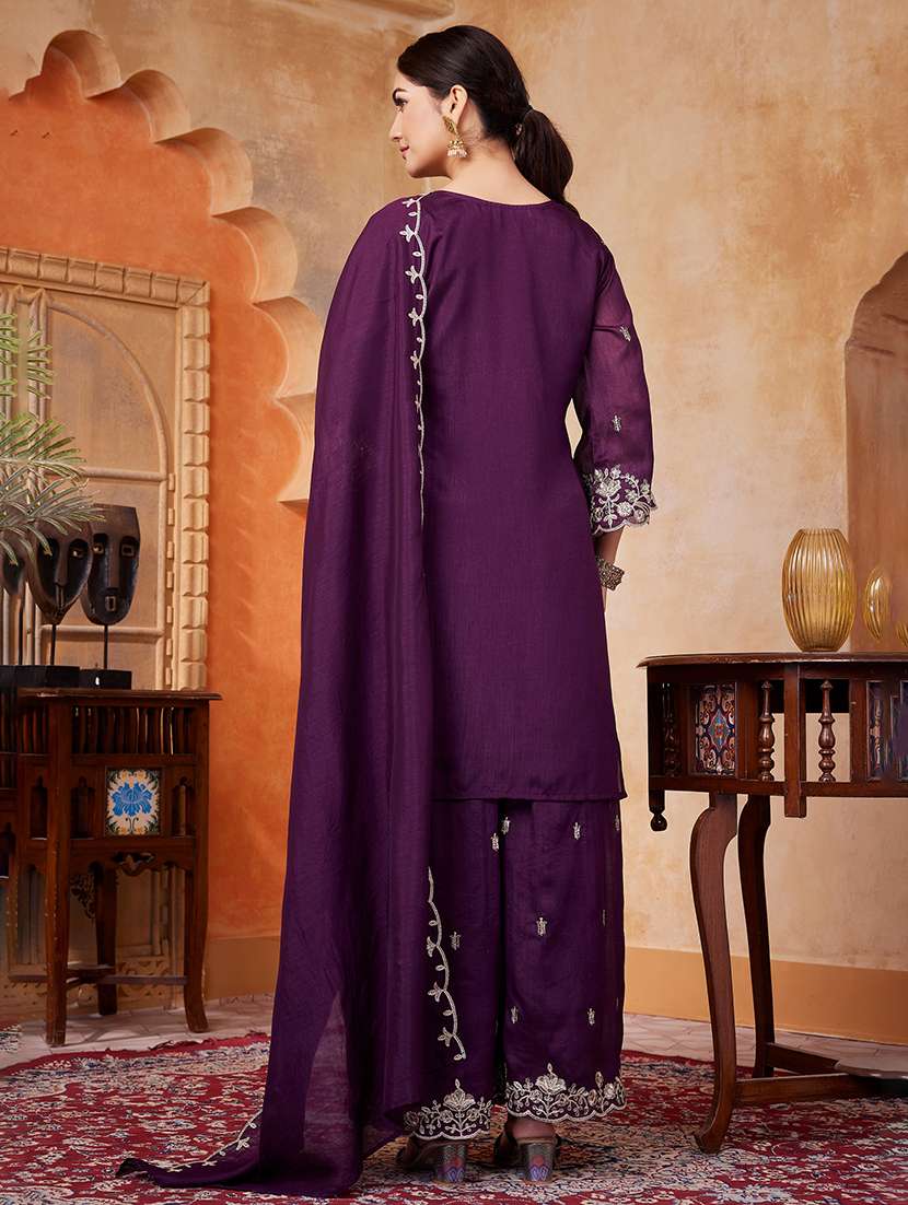 Women Embroidered Three Quarter Sleeves Kurta Palazzo Set With Dupatta - 22577450 -  Standard Image - 4