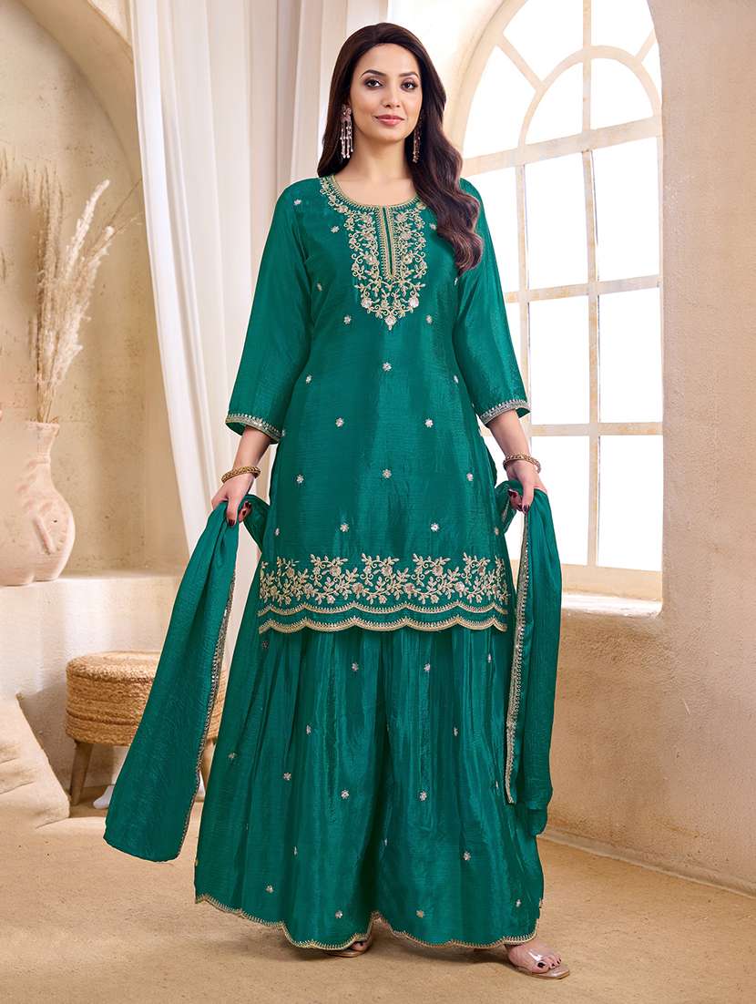 women embroidered three quarter sleeves kurta palazzo set with dupatta