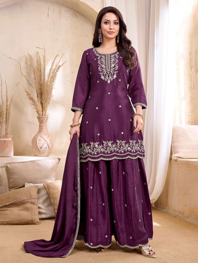 women embroidered three quarter sleeves kurta palazzo set with dupatta