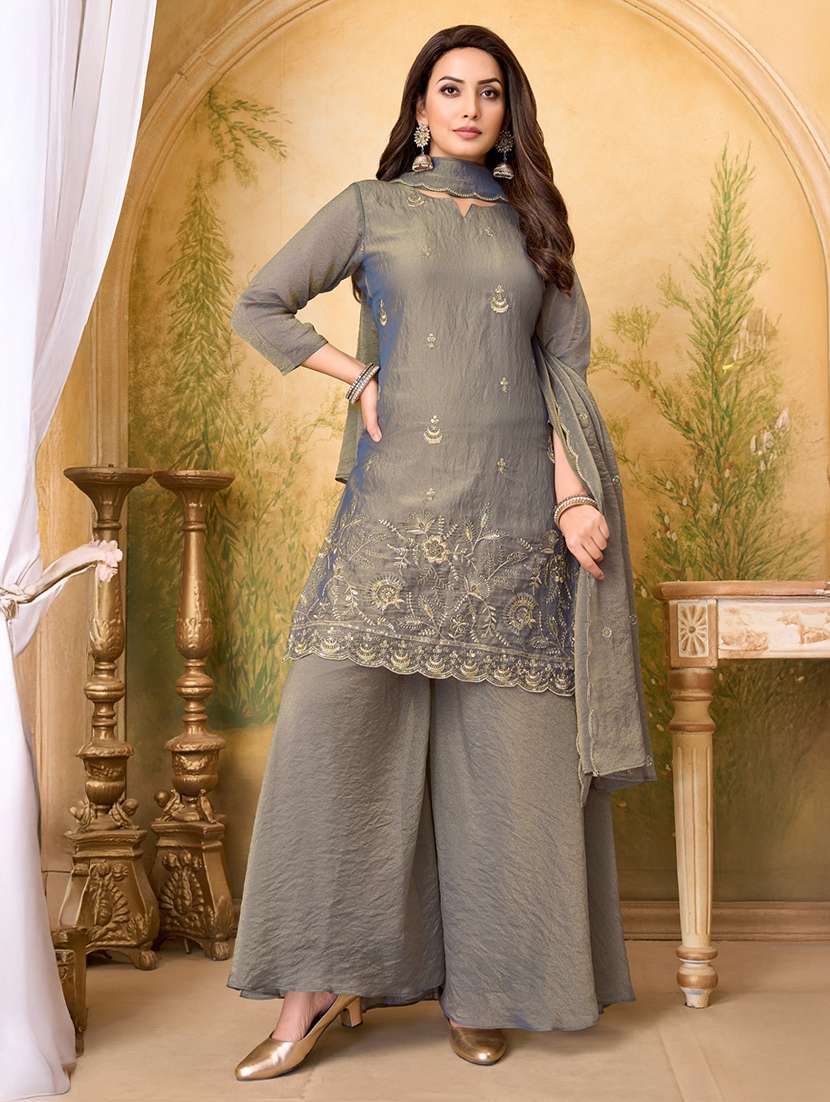 women embroidered three quarter sleeves kurta palazzo set with dupatta