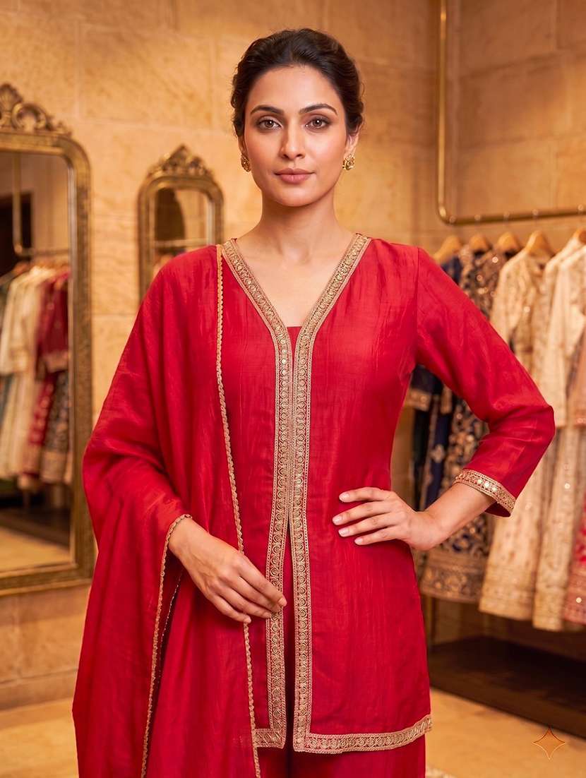 women embroidered three quarter sleeves kurta pant set with dupatta - 22577464 -  Standard Image - 1