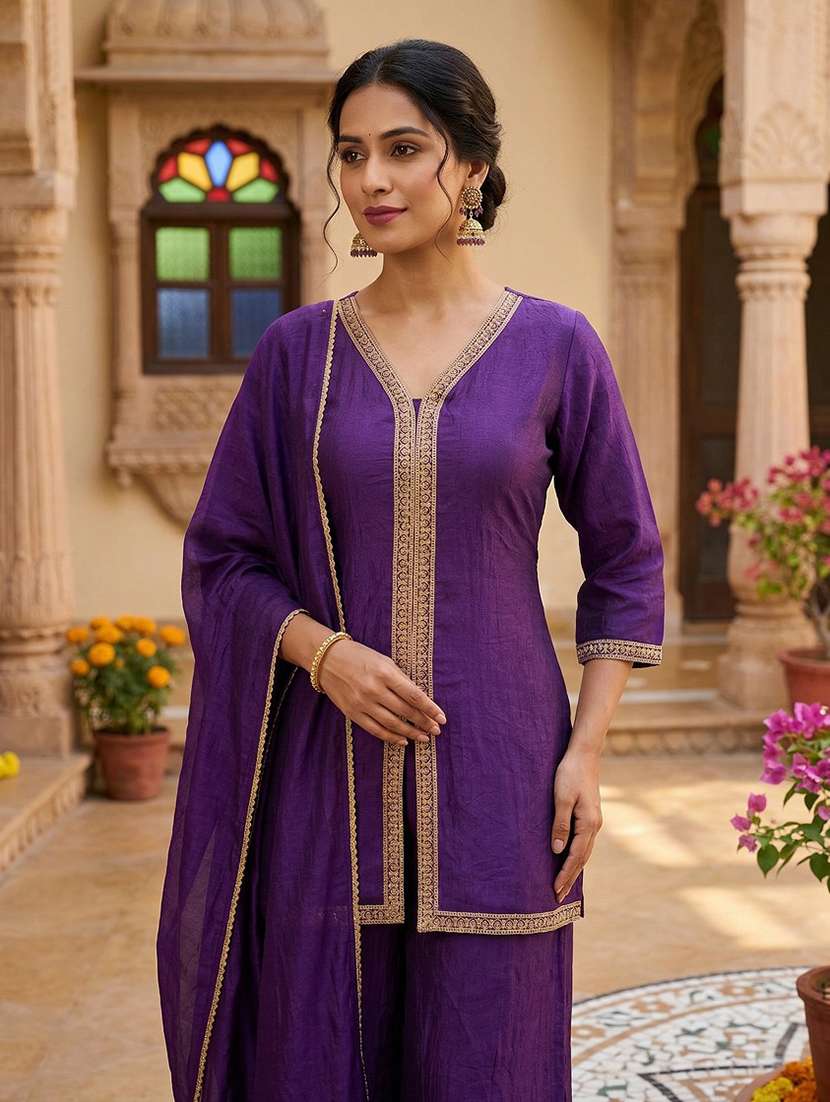 women embroidered three quarter sleeves kurta pant set with dupatta - 22577465 -  Standard Image - 1