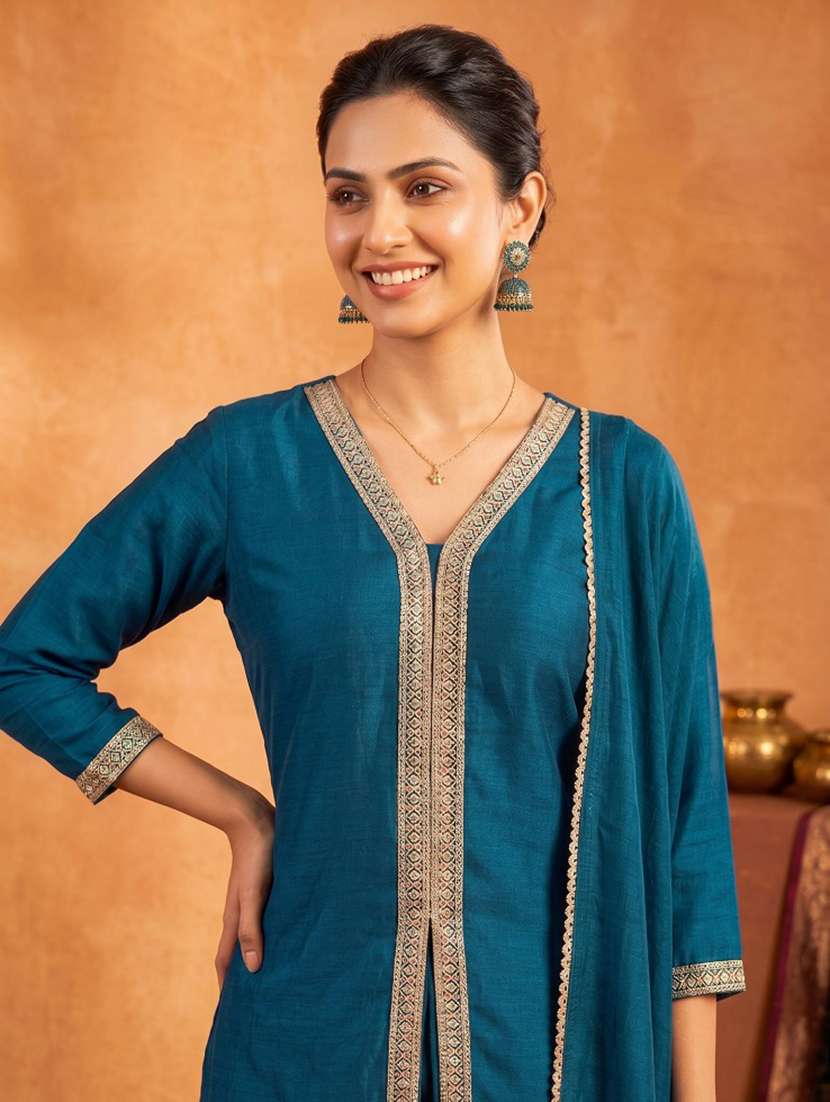 women embroidered three quarter sleeves kurta pant set with dupatta - 22577466 -  Standard Image - 1