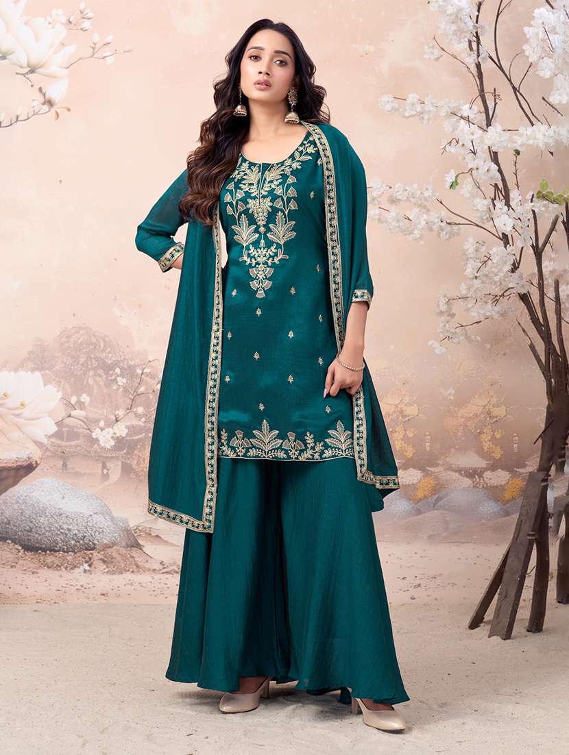 women embroidered three quarter sleeves kurta palazzo set with dupatta