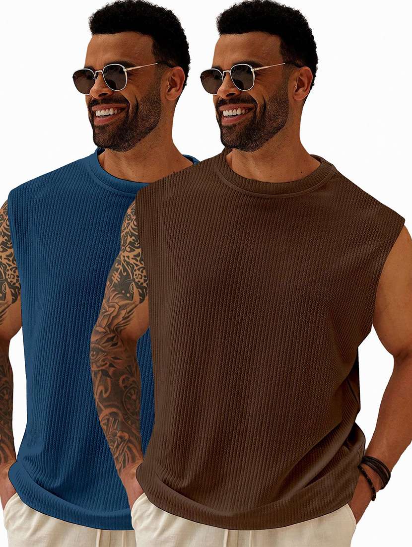 men pack of 2 textured sleeveless oversized t-shirt - 22578327 -  Standard Image - 1