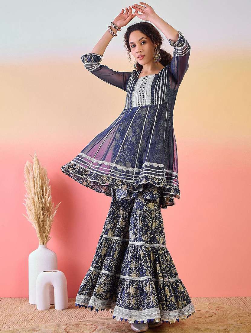 women printed three quarter sleeves kurta sharara set