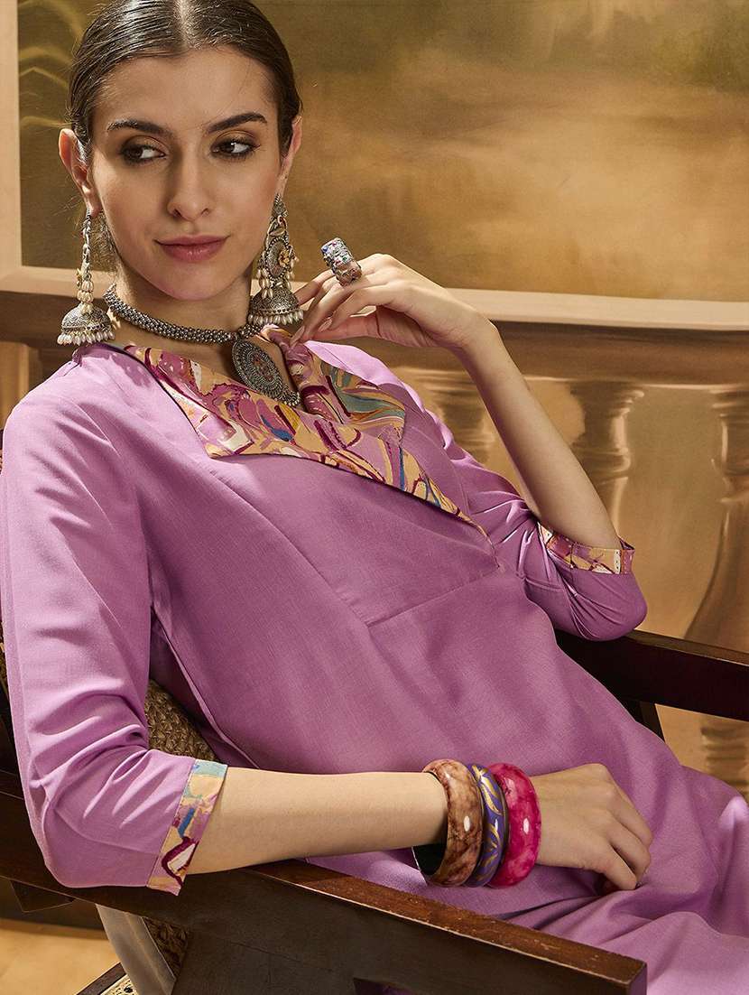 women solid three quarter sleeves kurta pant set - 22578440 -  Standard Image - 1
