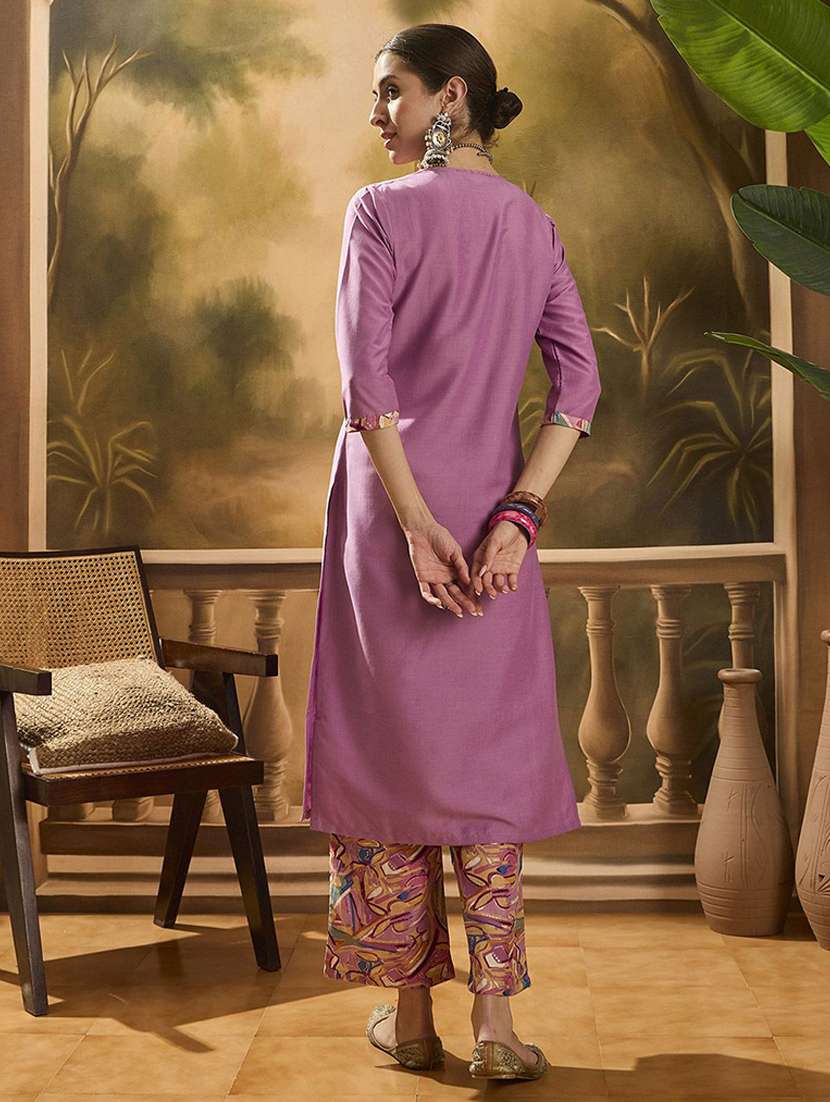 women solid three quarter sleeves kurta pant set - 22578440 -  Standard Image - 4