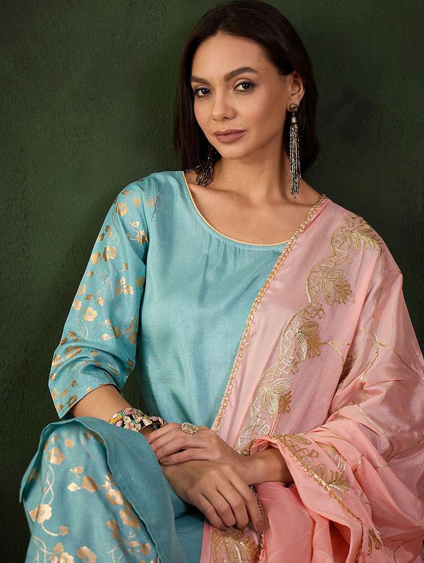 women printed three quarter sleeves kurta pant set with dupatta - 22578449 -  Standard Image - 1