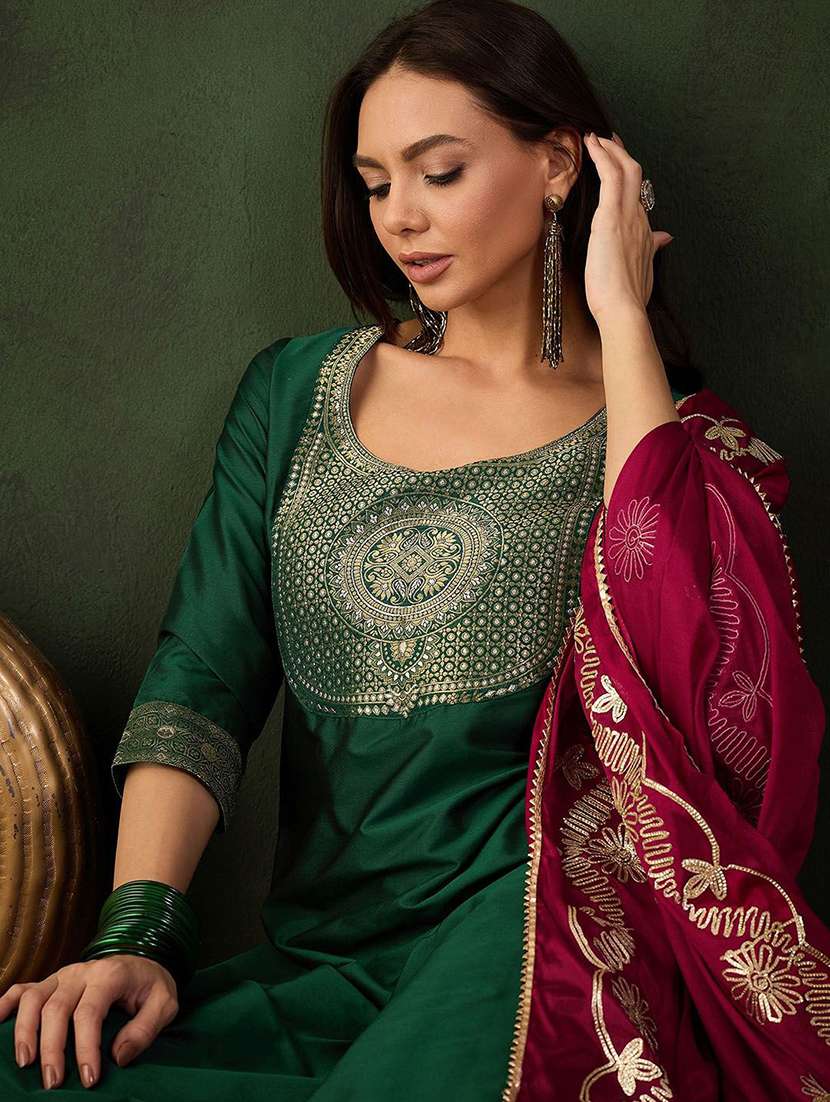 women self design three quarter sleeves kurta pant set with dupatta - 22578450 -  Standard Image - 1