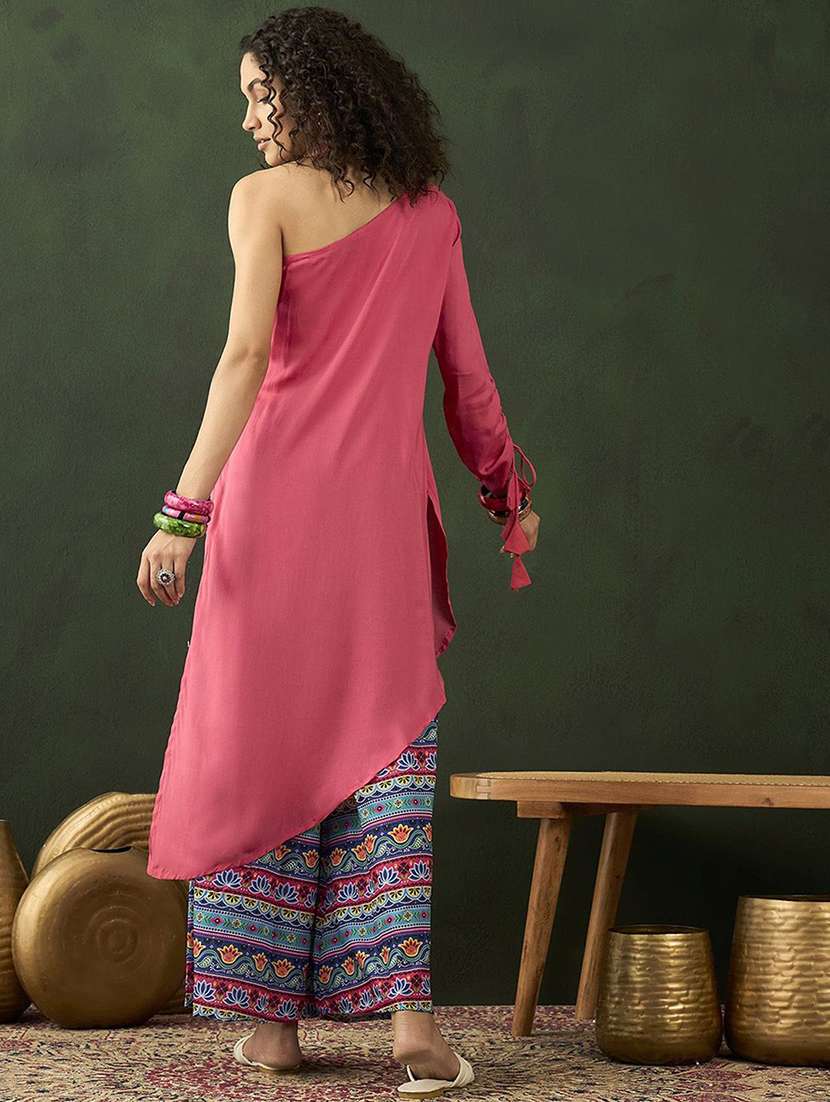 women solid one shoulder kurta palazzo fusion set - 22578480 -  Standard Image - 4