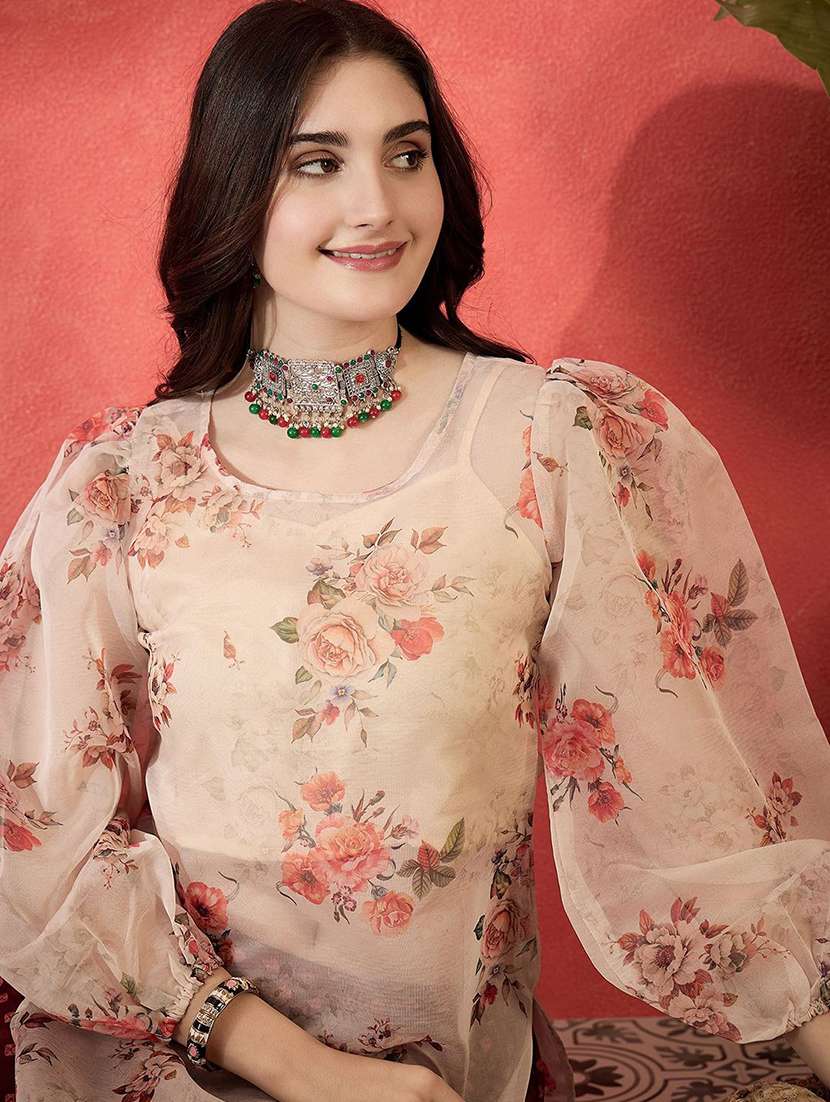 Women Printed Puff Sleeves Kurta Pant Set - 22578488 -  Standard Image - 1