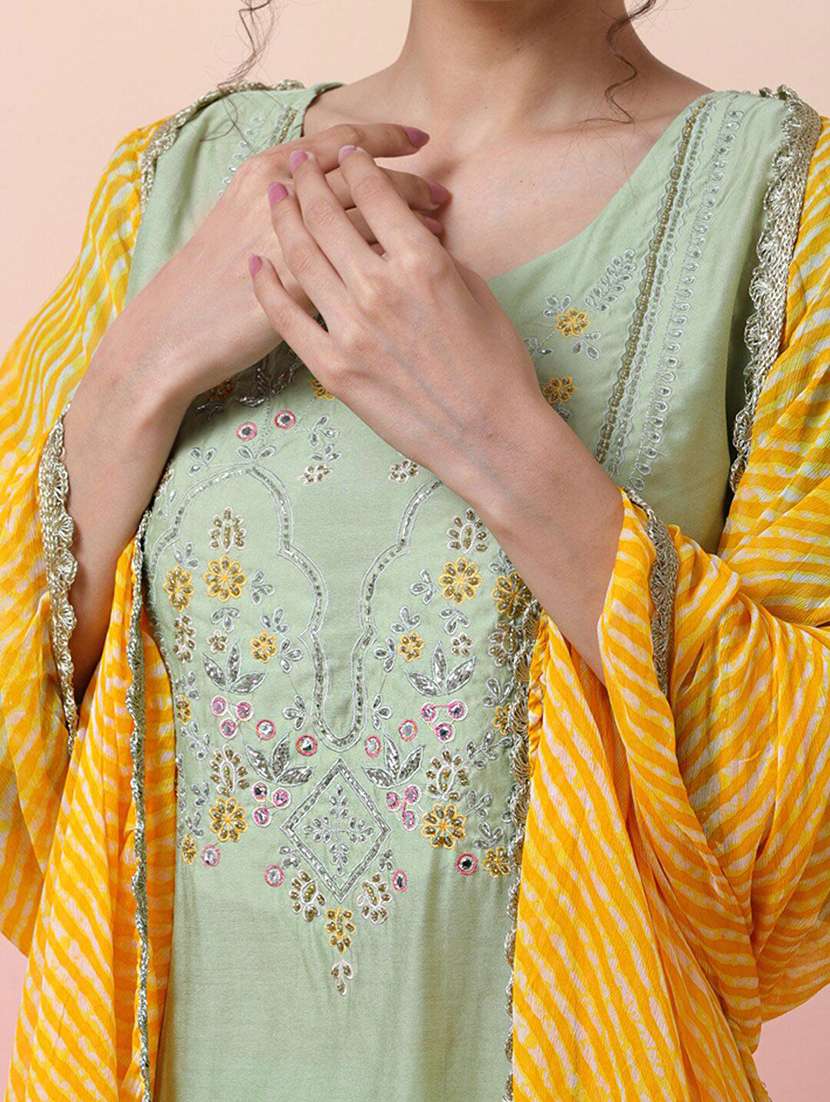 Women Embroidered Three Quarter Sleeves Kurta Pant Set With Dupatta - 22578510 -  Standard Image - 1