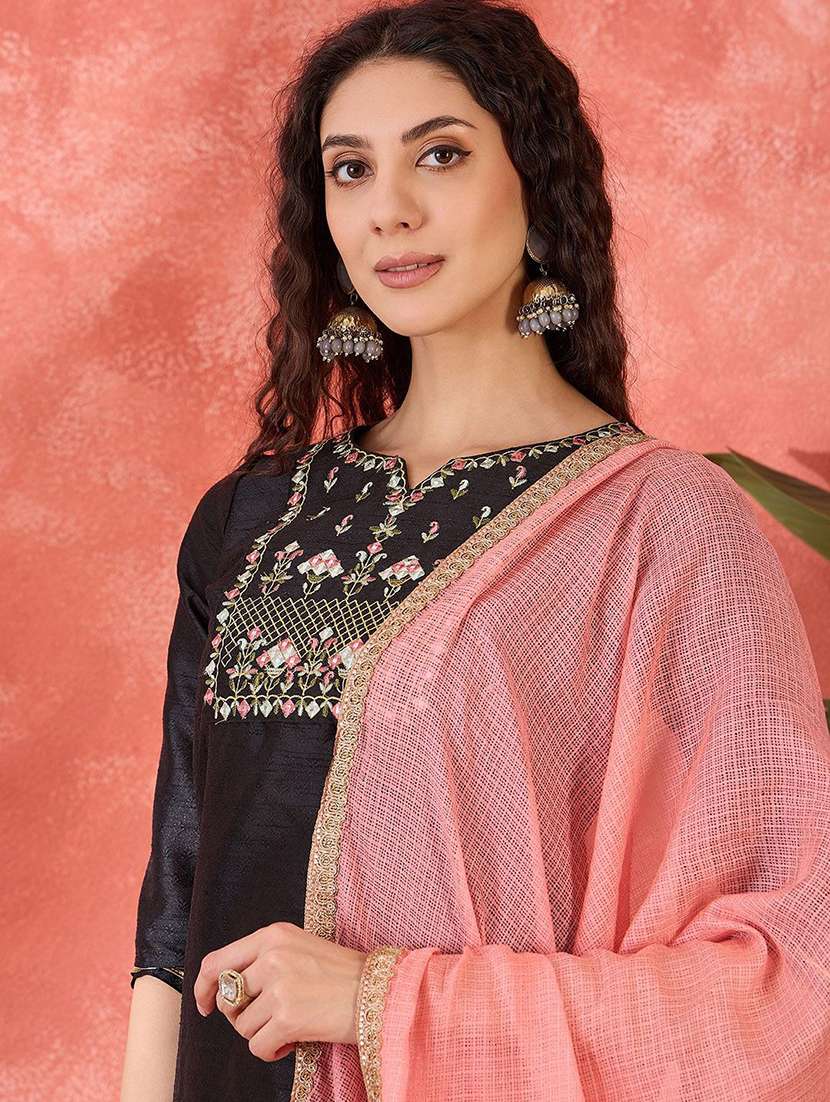women embroidered three quarter sleeves kurta pant set with dupatta - 22578514 -  Standard Image - 1