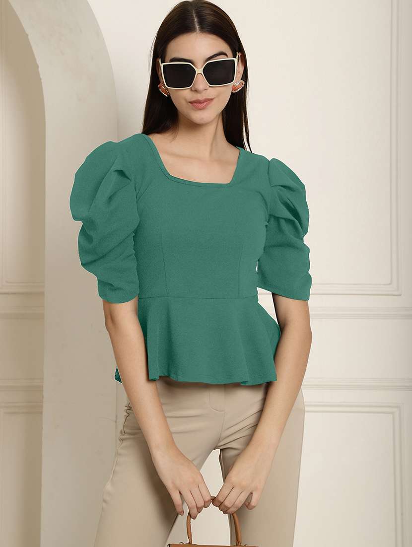 women solid puff sleeves peplum top