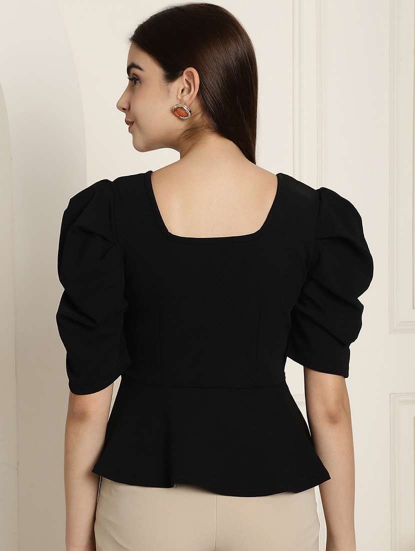women solid puff sleeves peplum top - 22578877 -  Standard Image - 4