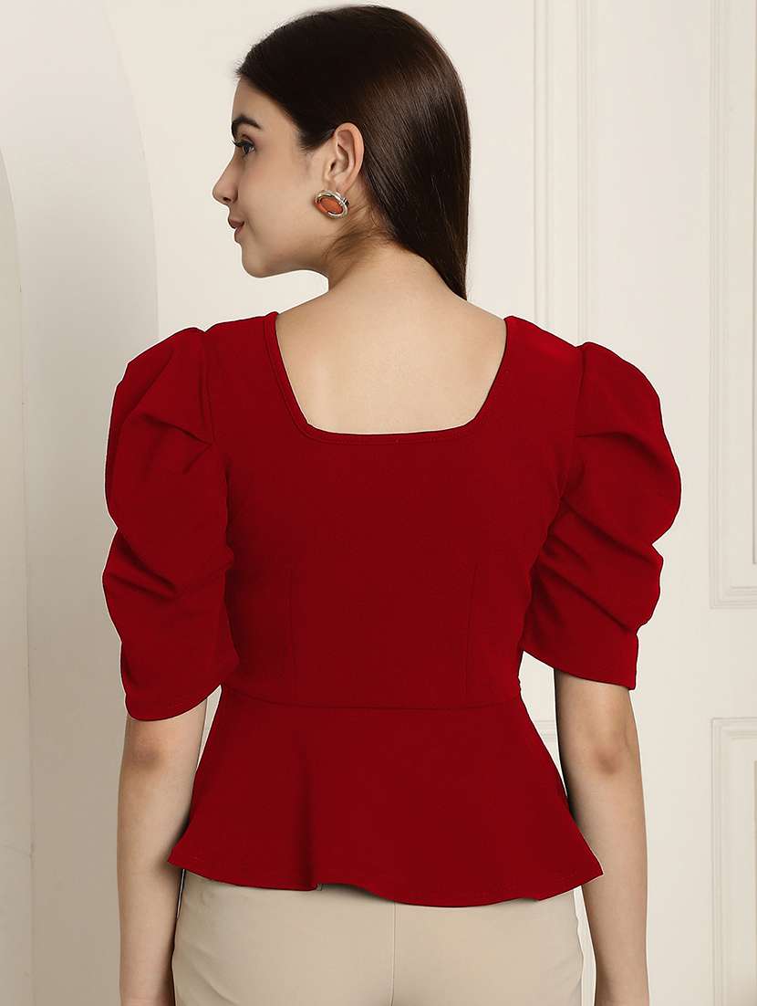 women solid puff sleeves peplum top - 22578879 -  Standard Image - 4