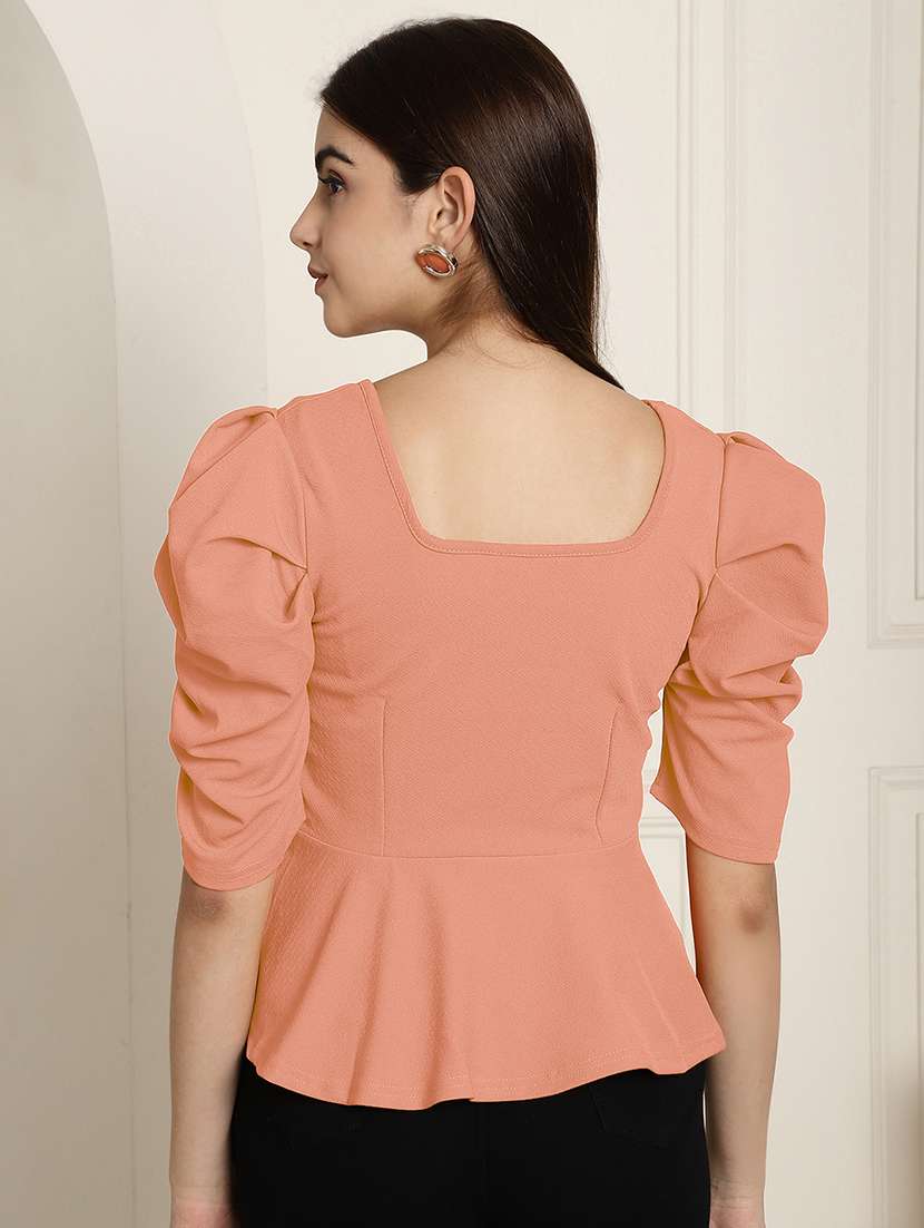 women solid puff sleeves peplum top - 22578880 -  Standard Image - 4