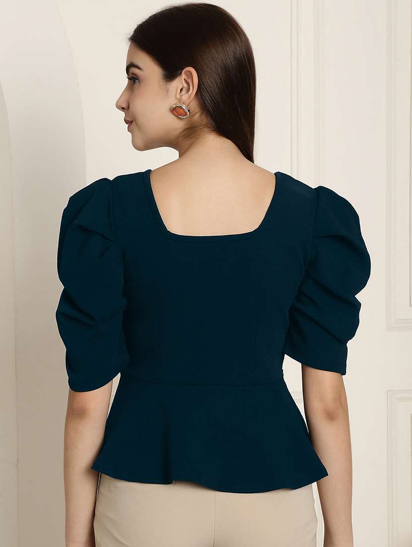 women solid puff sleeves peplum top - 22578881 -  Standard Image - 4