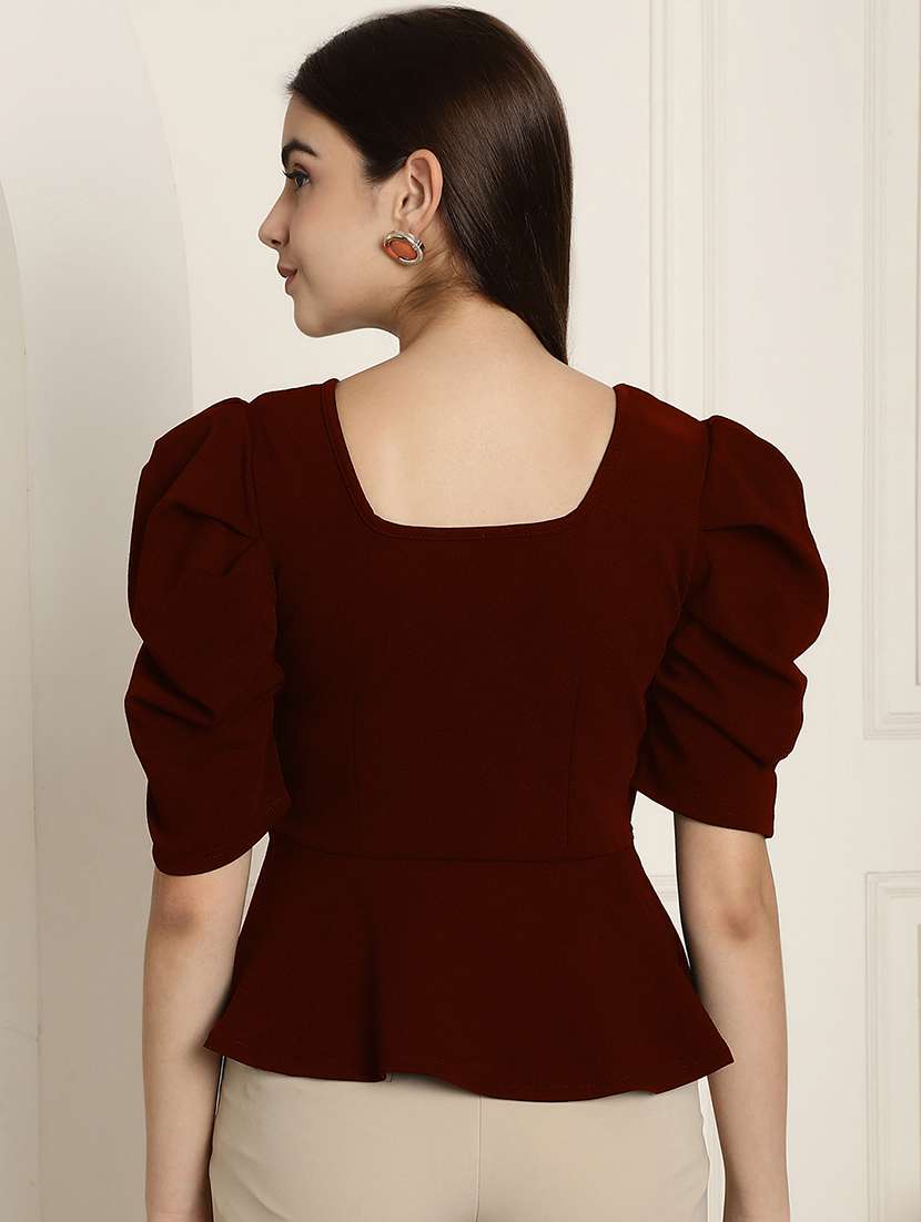 women solid puff sleeves peplum top - 22578882 -  Standard Image - 4