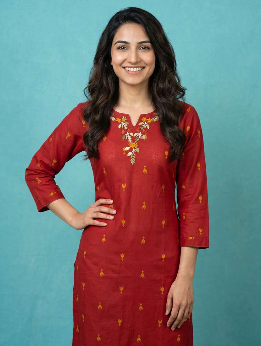 Women Embroidered Three Quarter Sleeves Straight Kurta - 22578885 -  Standard Image - 1