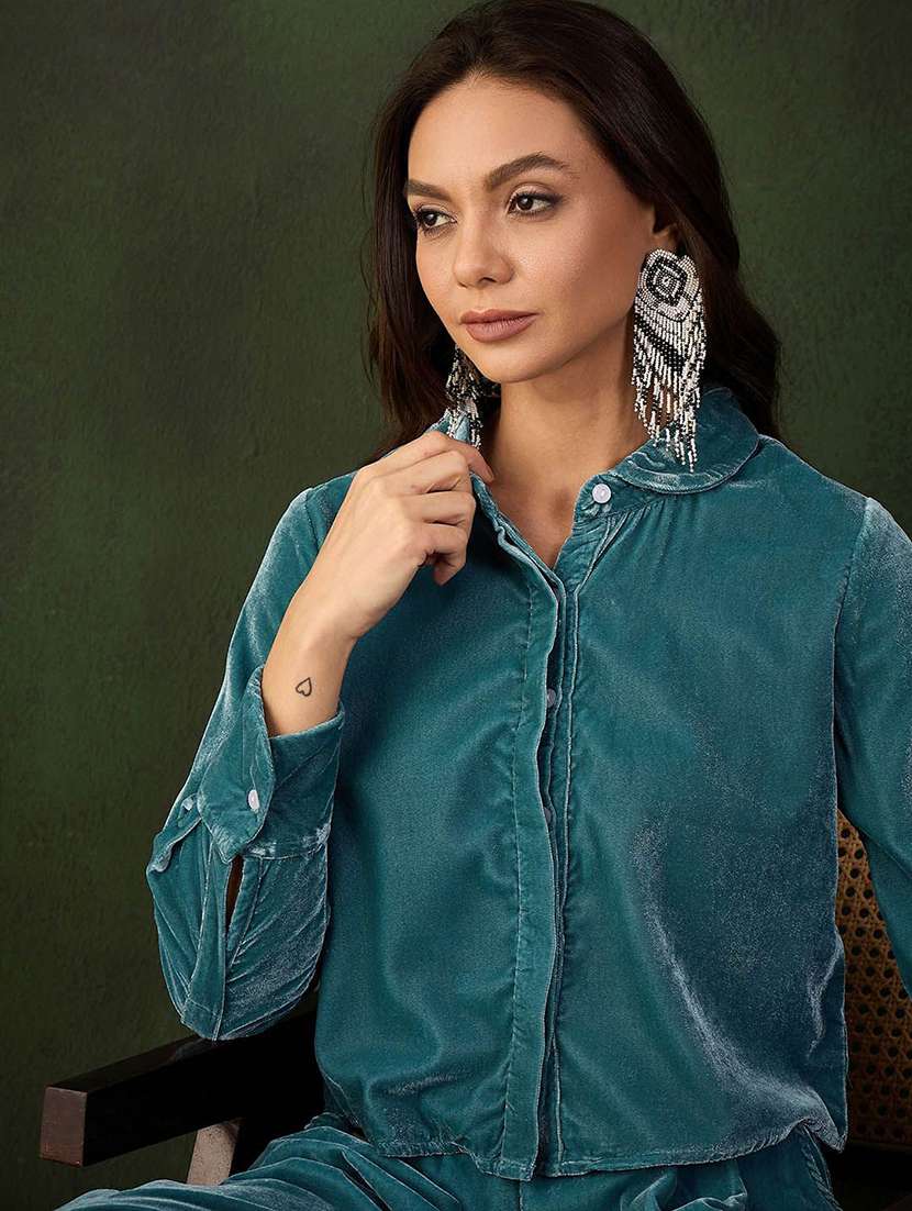 women solid long sleeves shirt and trouser co-ord set - 22579057 -  Standard Image - 1