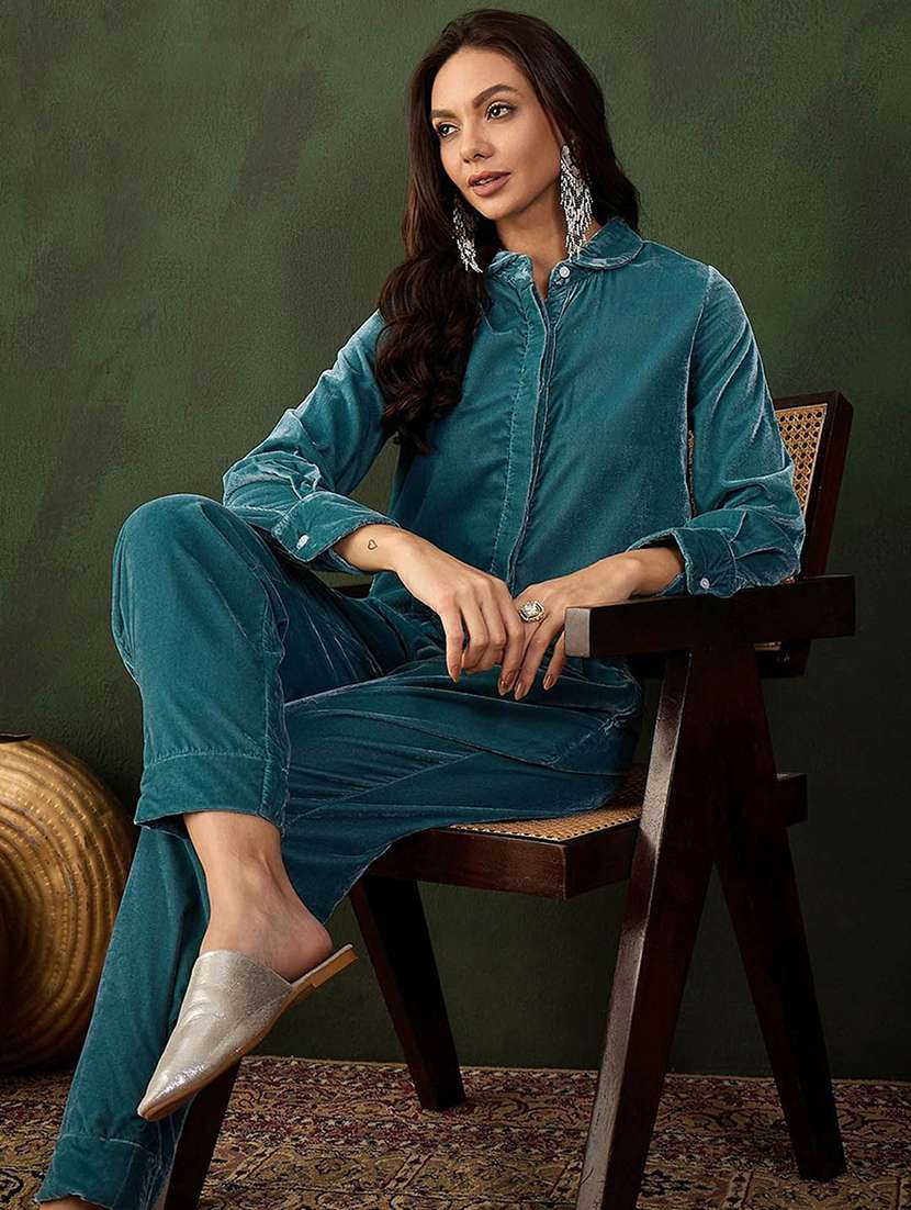 women solid long sleeves shirt and trouser co-ord set - 22579057 -  Standard Image - 4